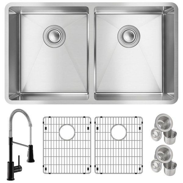 Elkay 18 Gauge SS 31-1/2" x 18-1/2" x 9" Equal Double Bwl Undermount Sink and Faucet Kit w/ Btm Grid and Drain ECTRU31179TFMBC - main